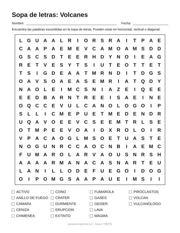 Hoja para imprimir de la sopa de letras de los volcanes: cuadrícula de 18 × 18 letras con 18 palabras escondidas, renglones para nombre y fecha y la lista de palabras para tachar.