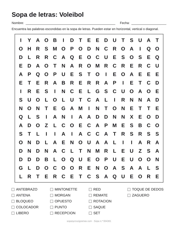 Hoja para imprimir de la sopa de letras de voleibol: cuadrícula de 17 × 17 letras con 17 palabras escondidas, renglones para nombre y fecha y la lista de palabras para tachar.