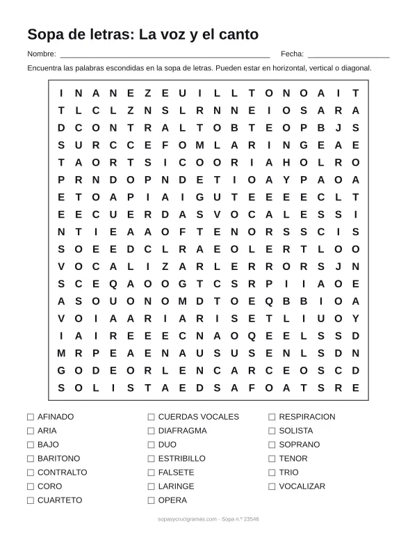 Hoja para imprimir de la sopa de letras de la voz y el canto: cuadrícula de 18 × 18 letras con 20 palabras escondidas, renglones para nombre y fecha y la lista de palabras para tachar.